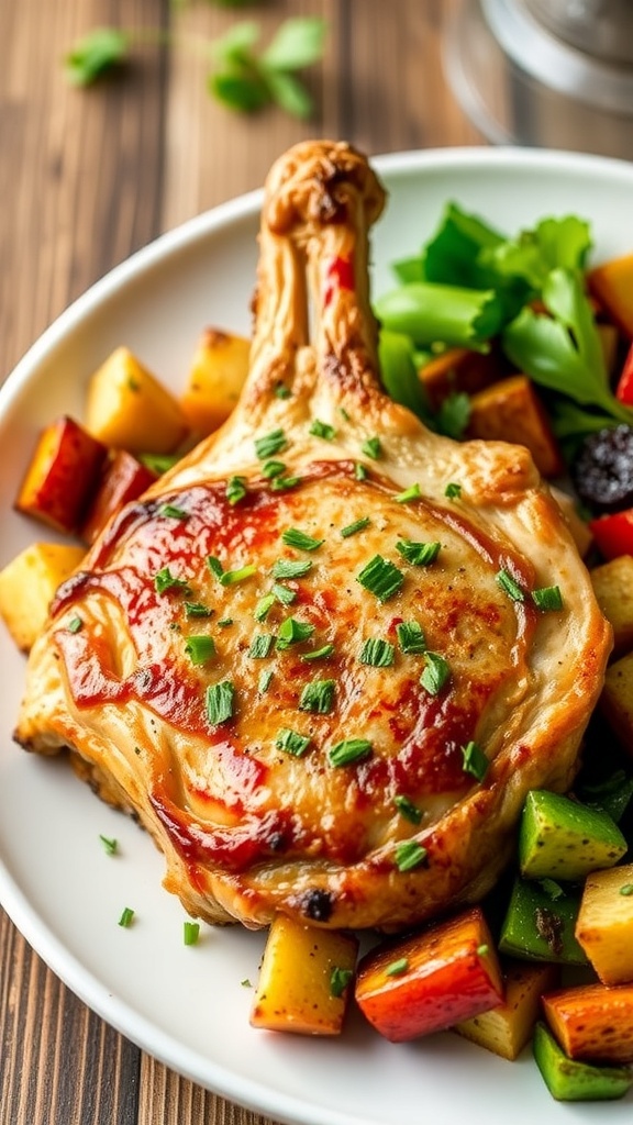 Juicy air fryer bone-in pork chops on a plate with herbs and roasted vegetables.